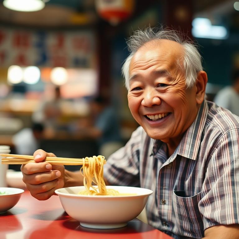 Uncle enjoying noodles