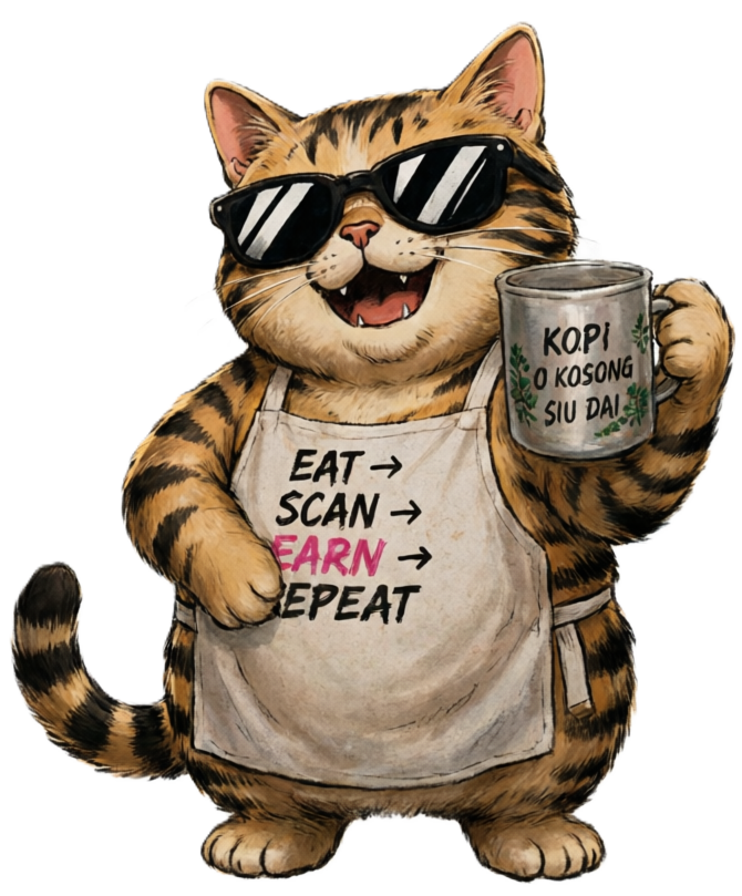 Kopi Cat mascot holding a QR code